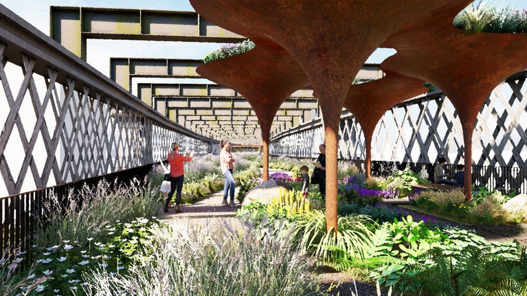 A concept image showing a planted garden on the top of Castlefield Viaduct, Manchester